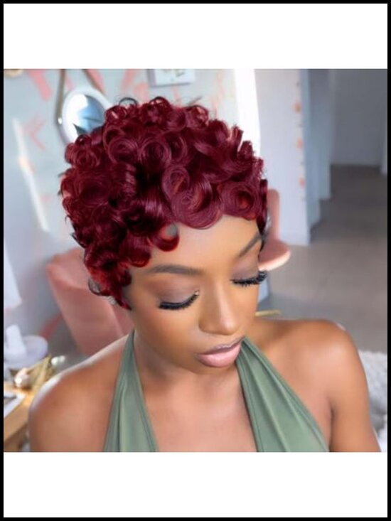 Short Pixie Cut Curly Human Hair Wig with Bangs, Layered, Full Cap main image 5